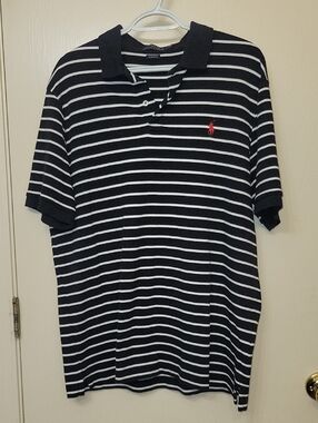 Polo by Ralph Lauren Black and White Striped Polo with Red Logo